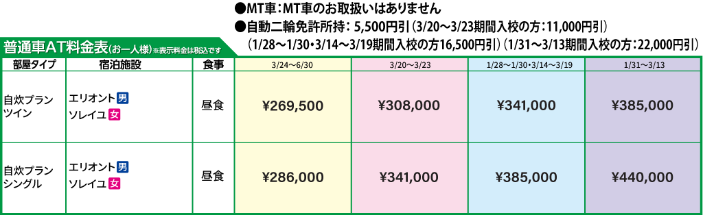 入校月を決めてない方へ 教習料金を一覧で見る